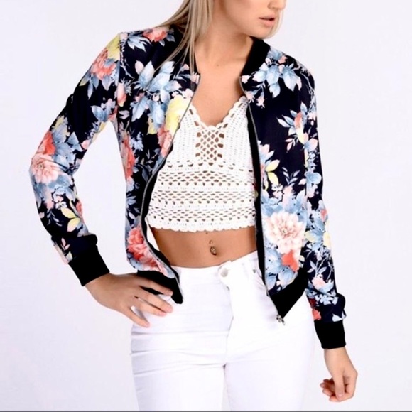 Jackets & Blazers - Black Floral Bomber Jacket